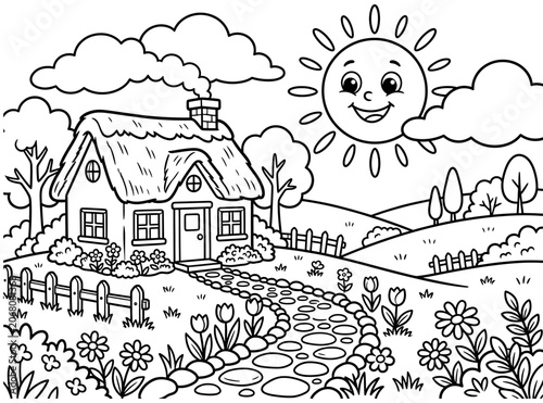 A cozy countryside cottage with a cobblestone path flowers and a smiling sun