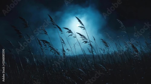 Tall grass sways in eerie moonlight. Shadows stretch across dark field under glowing sky