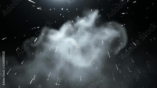 White powder explodes against dark background. Particles scatter rapidly in slow motion