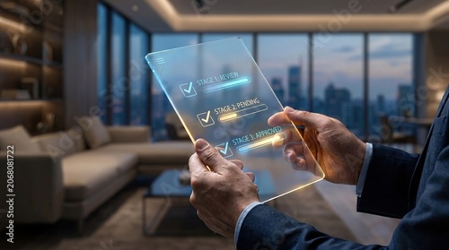 Document approval process with professional hands finalizing a digital workflow featuring glowing success indicators and approved confirmation seal in a luxury corporate office with warm elegant light