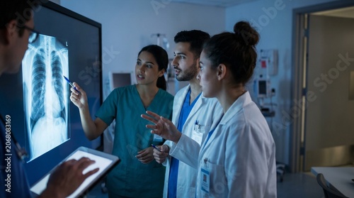 Medical students analyzing X-ray imaging together, representing radiology learning, teamwork and modern diagnostic education in healthcare
