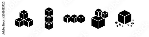 Set of black minimalist cube icons and 3D block arrangements isolated on a white background. Vector illustrations showing stacked, grouped, and fragmented geometric shapes.