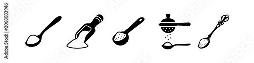 Принти на полотні Set of minimalist black and white kitchen icons featuring spoons, scoops, and a sifter for measuring flour, sugar, or spices