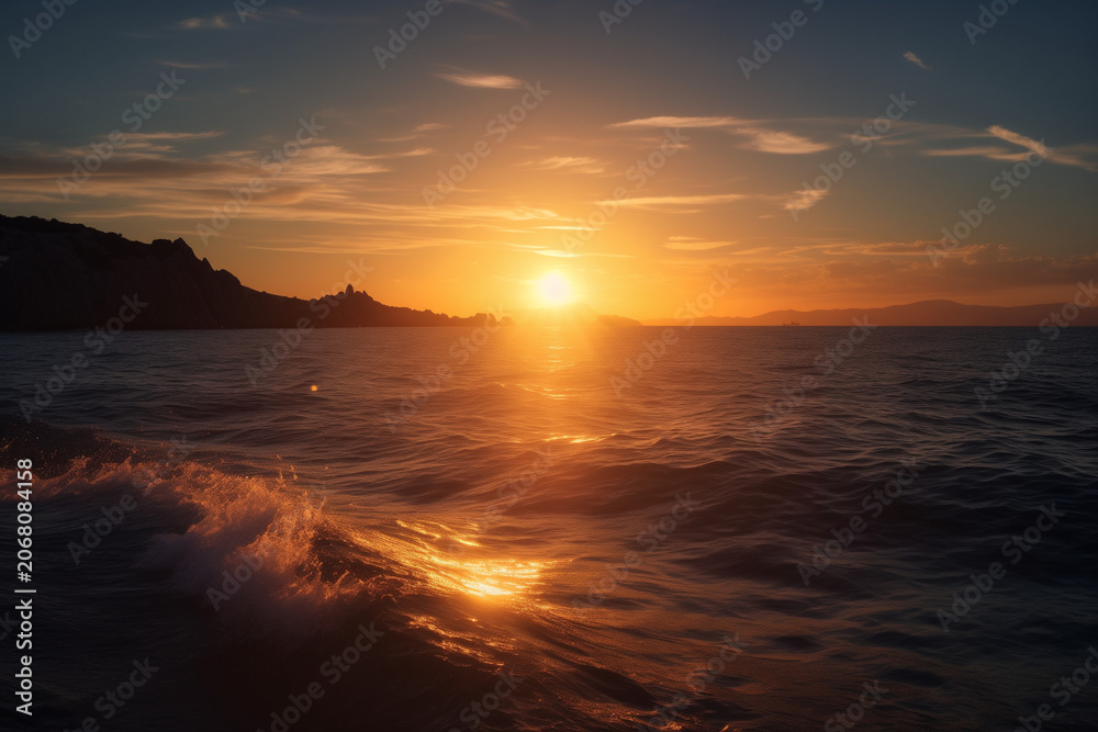 Obraz premium Beautiful Mediterranean Horizon With Warm Sunset Over Mallorca Sea Mediterranean Travel Background Peaceful Coastal Wallpaper