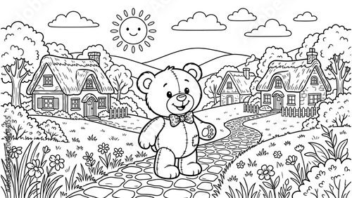 A teddy bear character standing on a stone pathway in a village with houses