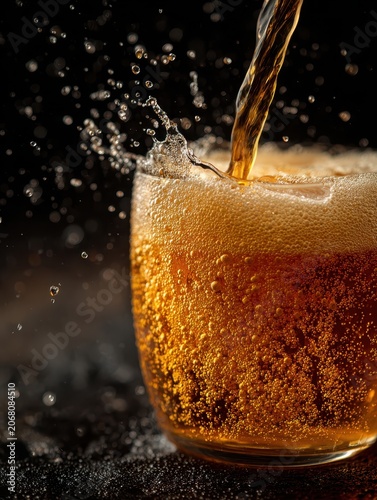 Beer Pouring into Glass with Golden Cascade and Foam Splash on Dark Background