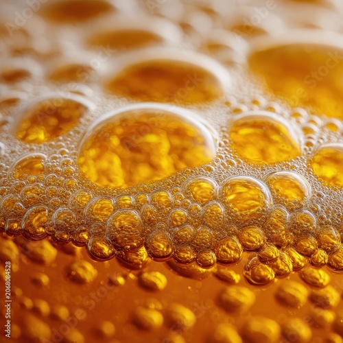 Extreme Macro of Golden Amber Beer Bubbles and Foam on Liquid Surface