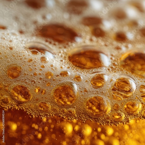 Extreme Macro of Amber Beer Foam Bubbles with Golden Liquid, Wide View