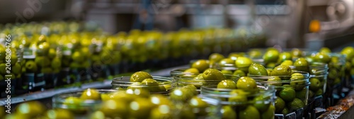 Olives in jars packaging line, generative ai illustration
