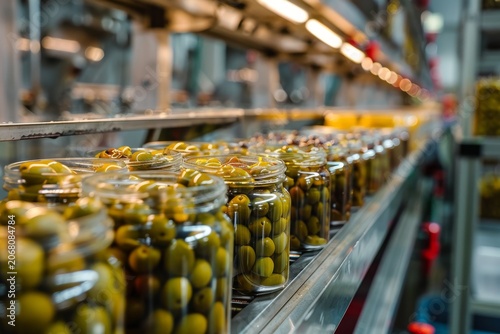 Olives in jars packaging line, generative ai illustration