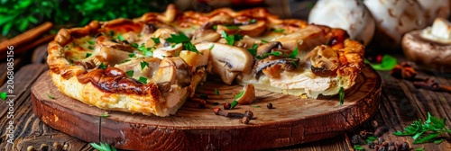 Baked Pie Stuffed with Chicken, Mushrooms and Cheese Close Up, Generative AI Illustration