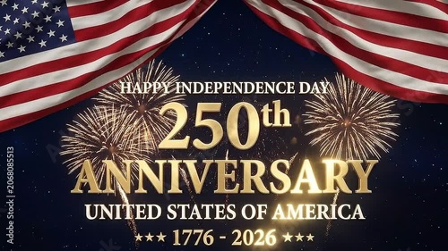 Dynamic 250th Anniversary Celebration of United States with Exploding Patriotic Fireworks Overlay on Black Background