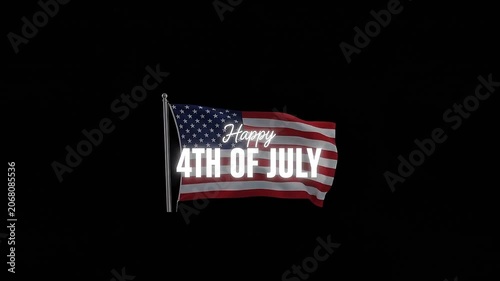 Waving American Flag with Happy 4th of July Message and Festive Fireworks Celebration Video Overlay on Black Background