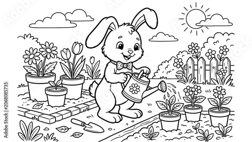 A bunny watering potted flowers in a garden with sun and clouds outline
