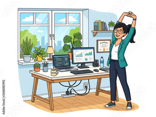 Woman stretching in front of home office desk taking break from work white background