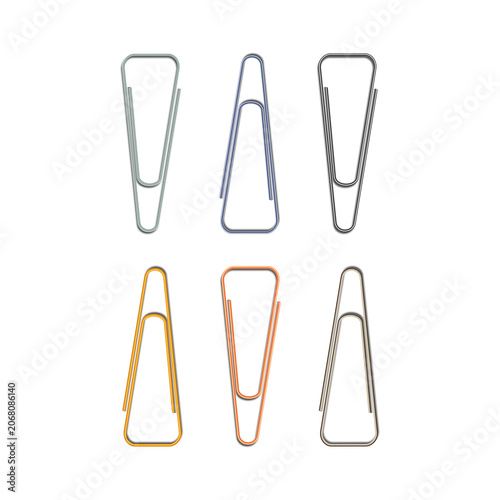 Six metallic paper clips in various colors arranged in two rows of three isolated on a transparent background