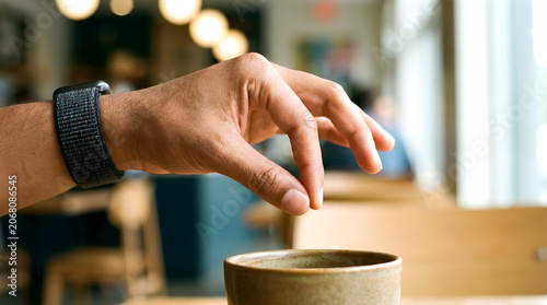 Close-up of a person sprinkling seasoning or sugar into a cup of warm coffee or tea while sitting in a bright cafe environment