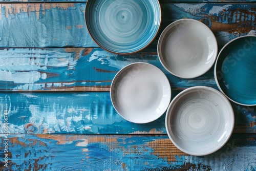 Wooden Table with Empty Dishes, Generative AI Illustration