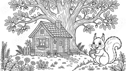 A squirrel holding an acorn next to a cozy log cabin under a large oak tree
