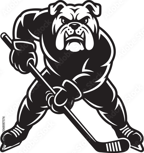 Canvas Print Bulldog playing ice hockey with stick isolated on transparent background, Vector