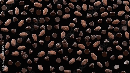 Delicious Chocolate Chips and Cocoa Beans Falling Sweetly on Black Background