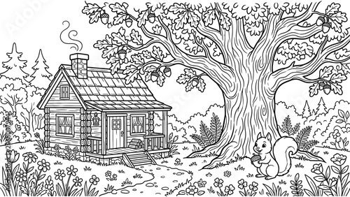 A log cabin house in the forest next to a large oak tree with a squirrel