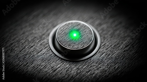 Close up view of a laptop power button illuminated with a green led light representing the concept of remote work and a home office environment