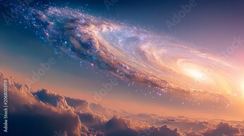 Celestial cartography decodes through simultaneous decoding of a vibrant galaxy swirling above soft clouds during a serene twilight sky