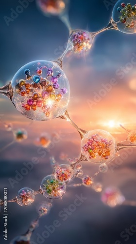 Chaotic quantum fluctuations depicted as translucent membranes with colorful particles suspended inside, illuminated by a soft light against a blurred background