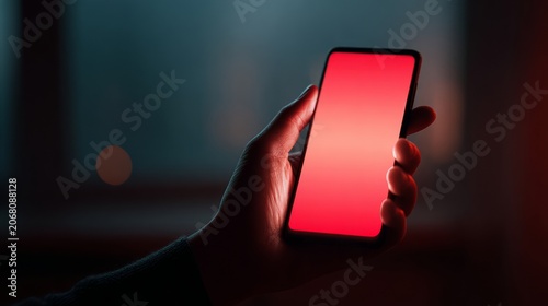 Close up of smartphone held in hand displaying a bright red screen against a dark background with soft lighting creating a cinematic atmosphere