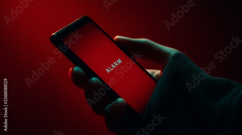 Close up of smartphone held in hand displaying alarm text on a red screen against a dark background, emphasizing the device's illuminated features and user interaction