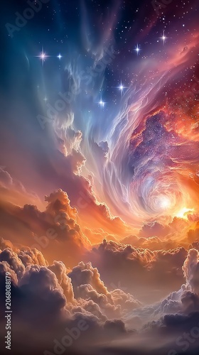 Fractalized black holes surrounded by dissolved nebula fragments in a vibrant cosmic scene with swirling clouds and twinkling stars in a colorful night sky