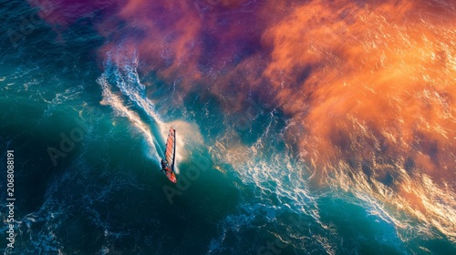 Windsurfer performing a spiral descent on vibrant ocean waves during sunset, showcasing dynamic movement and colorful sky reflections above the water