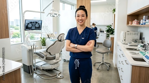 Friendly female dentist in modern clinic with crossed arms, smiling confidently