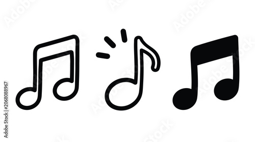 Minimalist black and white music note vector illustration featuring three distinct rhythmic melodic design symbols