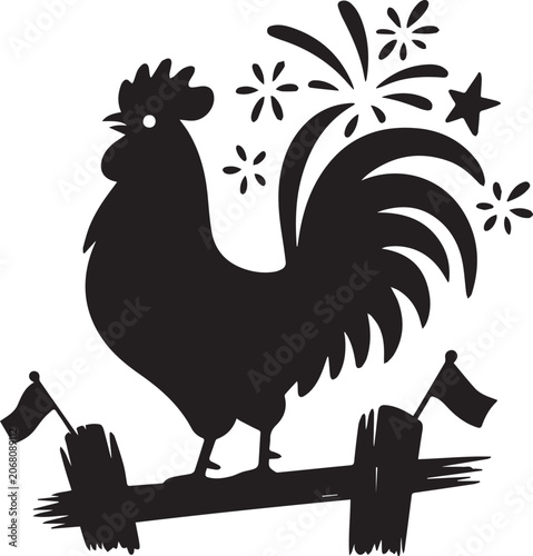 Foto Black silhouette of a rooster on a fence with fireworks isolated on transparent
