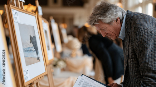 Charity auction preview event with guests examining donated artwork displayed on easels inside an event hall, numbered bid cards affixed to frames, formally dressed attendees