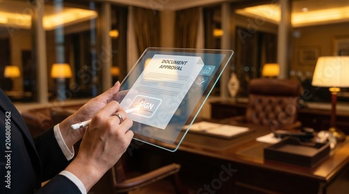 Digital Signature on Floating Document Approval Interface with Glowing UI and Luxury Workspace Concept