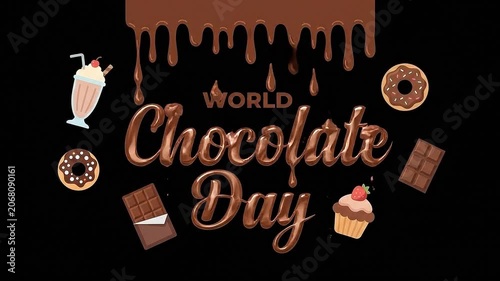 Animated World Chocolate Day Celebration with Dripping Chocolate and Sweet Treats Overlay on Black Background