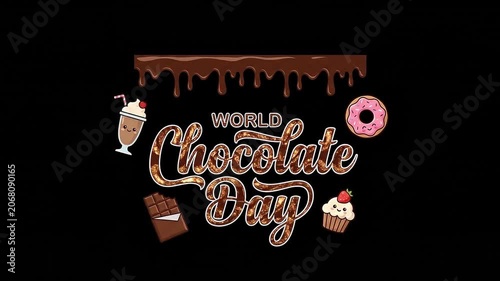 Festive World Chocolate Day Text Reveal with Cartoon Desserts and Sweet Drips
