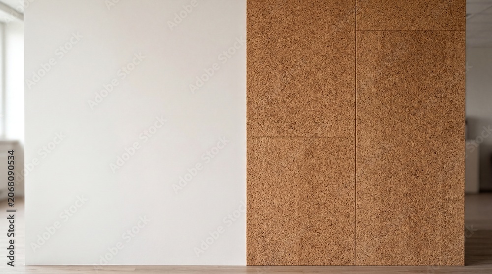 Fototapeta premium acoustic panel design, a textured cork panel with a smooth finish, occupying the left half