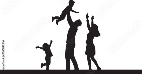 Silhouette of a happy family with two children, father holding his son up in the air and mother standing next to them with their daughter