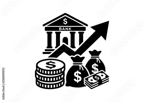 Black and White Finance Banking Growth Icon with Coins Cash Money Bags and Upward Arrow for Investment and Economy Design