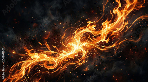 Vibrant orange flames swirling against a dark smoky background with sparks flying everywhere creating a dynamic and intense visual effect