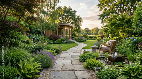 Serene garden scene with a winding stone path through lush greenery and vibrant flowers leading to a cozy gazebo