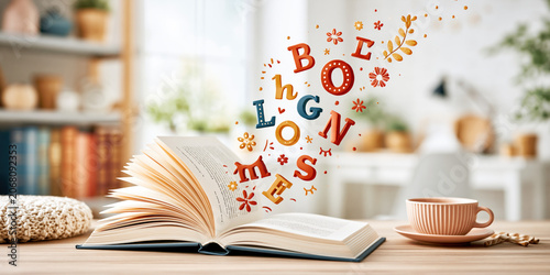 Abstract background of open book lying on the table with colourful letters flying around