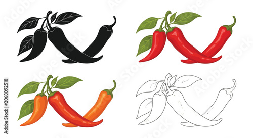 Obraz na plátně Red And Black Chili Peppers With Leaves Vector Illustration Silhouette