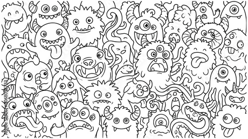 Bild auf Leinwand Large group of funny monsters doodle art outline.