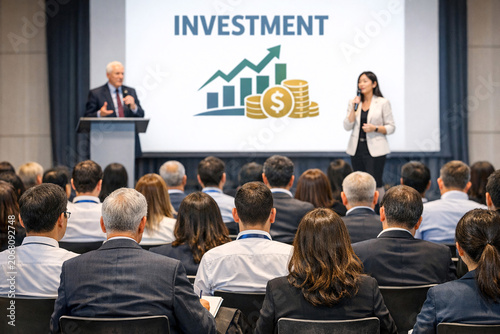 A group of professionals in a seminar on investment and financial growth.