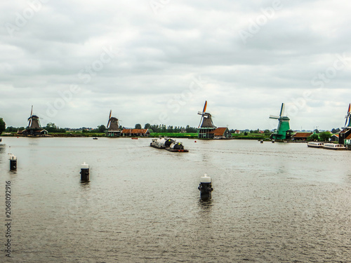 Panoramic view of windmills in Zaanse Schans, traditional village in the Netherlands.